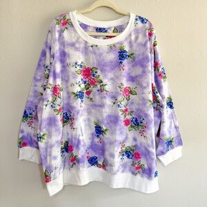 Woman Within Floral Print Purple and White Sweatshirt 2X Pullover Stretch